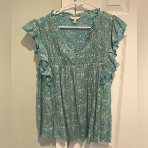 Lucky Brand Blue Floral Blouse with Ruffled Trim